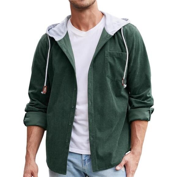 Men Corduroy Shirts Jacket Waffle Jacket Button Down Sweatshirts Hoodies
